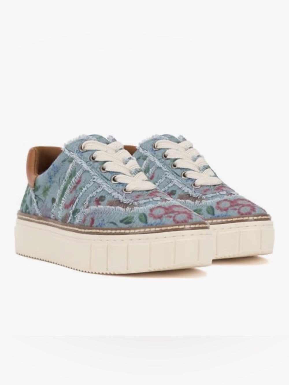 Vince Camuto Denim Floral Sneaker with brown leather accents